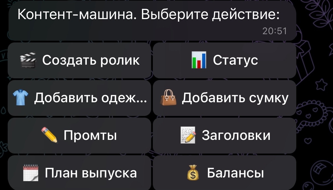 Меню Telegram-бота «Контент-машина»: создать ролик, статус, добавить одежду или сумку, промты, заголовки, план выпуска, балансы